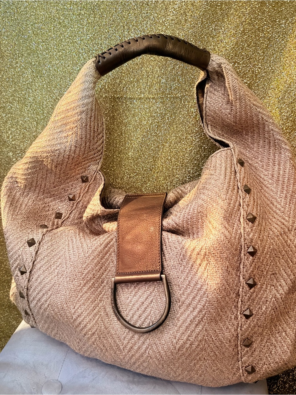 Donald J. Pliner Taupe Tan Hobo Shoulder Bag with D-Ring Detail